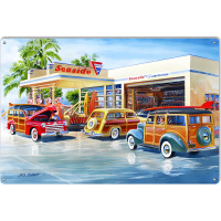 Seaside Gas Station With Woodies Reproduction Garage Shop Metal Sign - 12" x 18"
