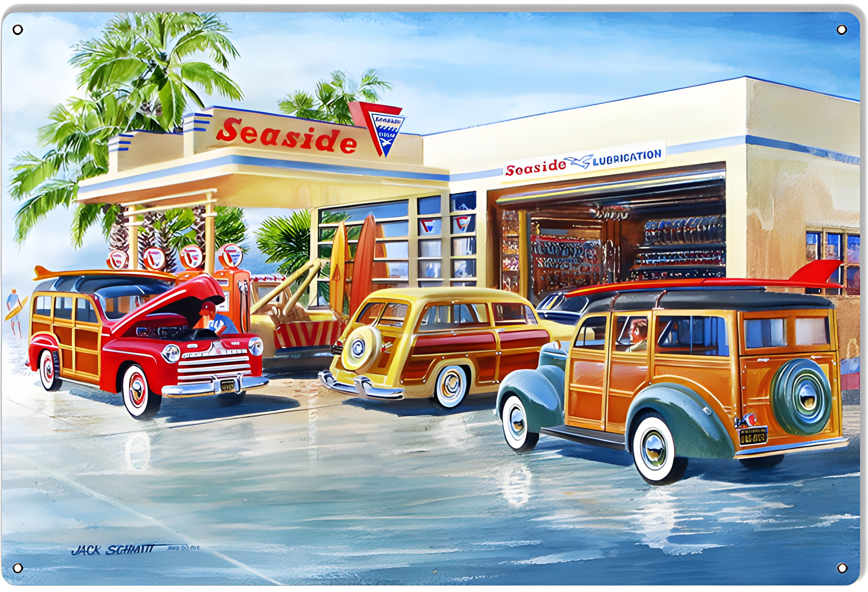 Vintage Gas Station Woodies Metal Sign - 12 x 18