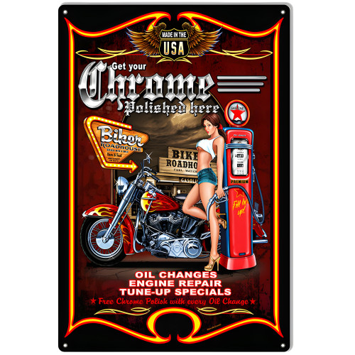 Pin Up Girl Chrome Polish Garage Shop Metal Sign - 12" x 18"