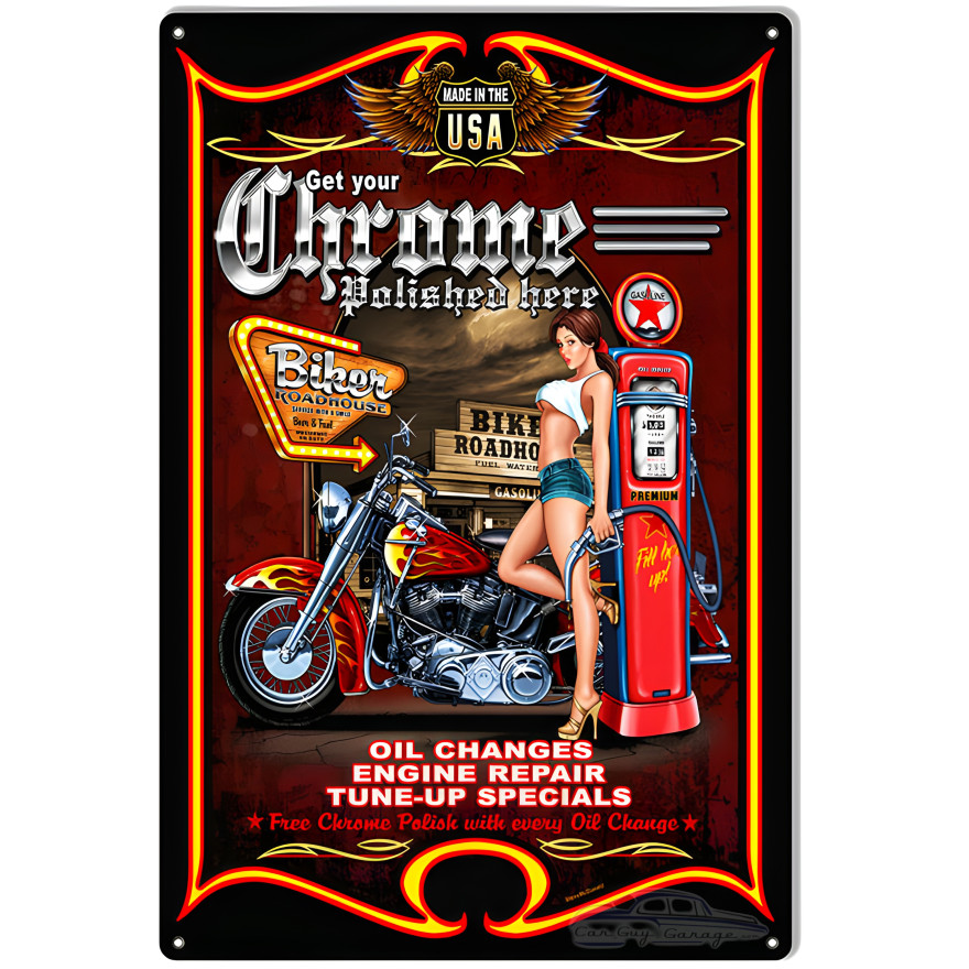 Pin Up Girl Chrome Polish Garage Shop Metal Sign - 12" x 18"