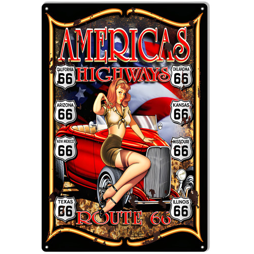 Route 66 Pin Up Girl Hot Rod Man Cave Metal Sign - 12" x 18"