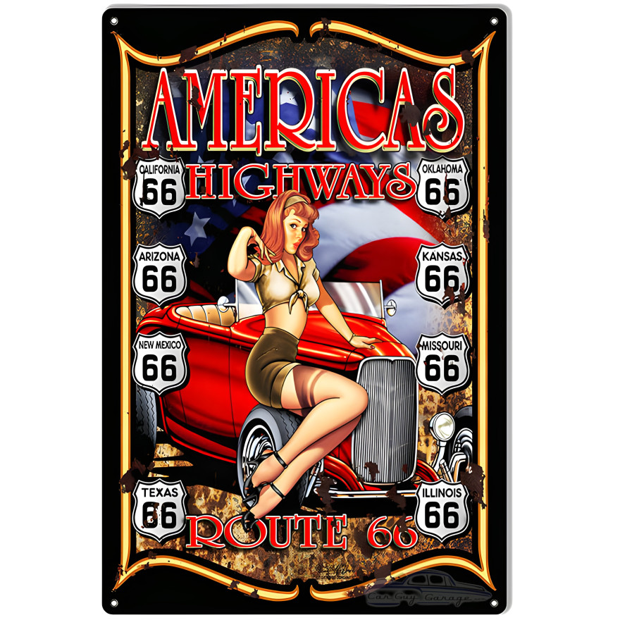 Route 66 Pin Up Girl Hot Rod Man Cave Metal Sign - 12" x 18" Route 66 Pin Up Girl Hot Rod Man Cave Metal Sign - 12" x 18"