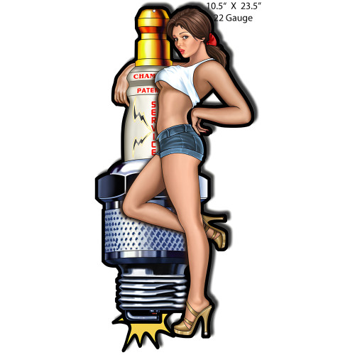 Champion Spark Plug Pin Up Girl Metal Sign - 10.5" x 23.5"