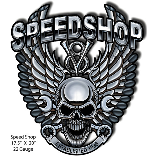 Speedshop Skull Cut Out Garage Art Metal Sign - 17.5" x 20"