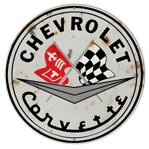 Chevrolet Corvette Reproduction Vintage Looking Man Cave Garage Shop Metal Sign - 24" Round