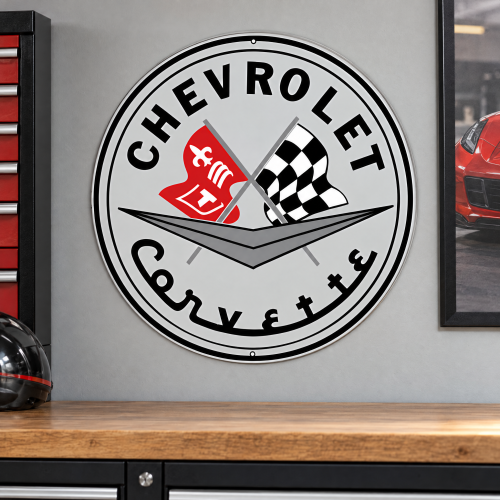 Chevrolet Corvette Crossed Flags Metal Sign - 30" Round