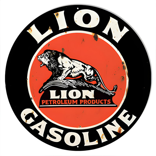 Lion Gasoline Reproduction Motor Oil Vintage Looking Garage Shop Metal Sign - 18" Round