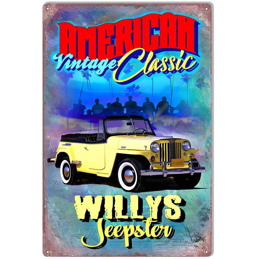 American Vintage Classic Willys Jeepster Metal Sign - 12" x 18" American Vintage Classic Willys Jeepster Metal Sign - 12" x 18"