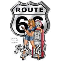 Route 66 Pin Up Girl Reproduction Cut Out Metal Sign - 17.5" x 26"
