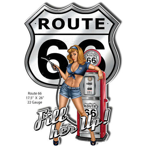 Route 66 Pin Up Girl Reproduction Cut Out Metal Sign - 17.5" x 26"
