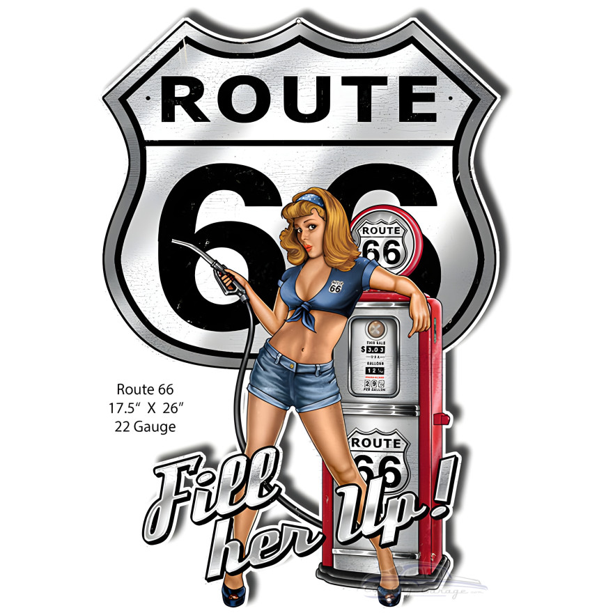 Route 66 Pin Up Girl Reproduction Cut Out Metal Sign - 17.5" x 26"