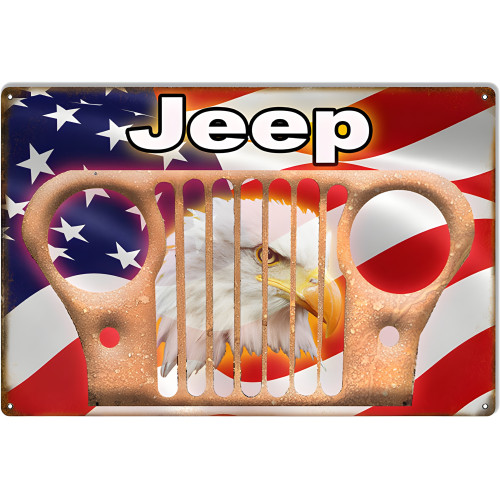 Jeep With Flag Reproduction Garage Shop Metal Sign - 12" x 18"