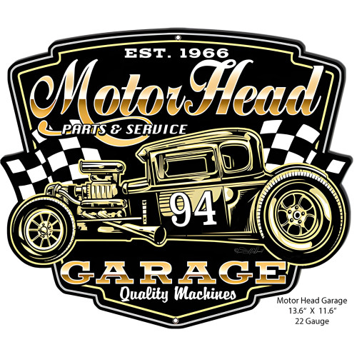 Motor Head Cut Out Garage Metal Sign - 11.6" x 13.6"