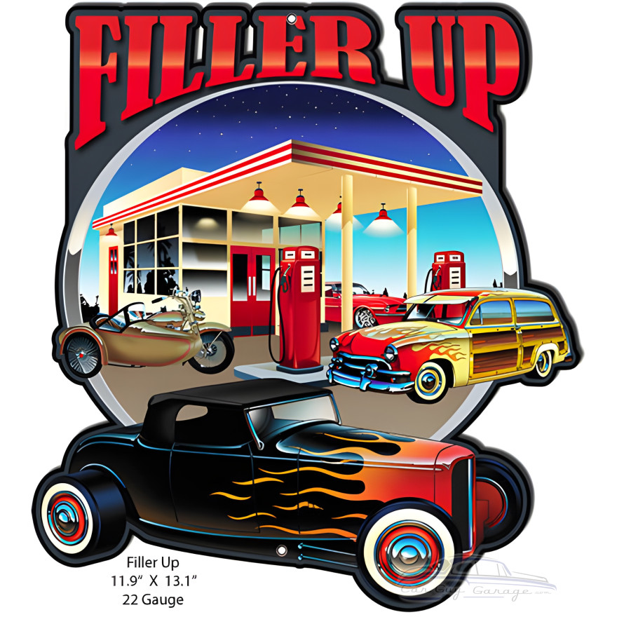 Filler Up Gas Station With Hot Rod Cars Metal Sign - 11.9" x 13.1" Filler Up Gas Station With Hot Rod Cars Metal Sign - 11.9" x 13.1"