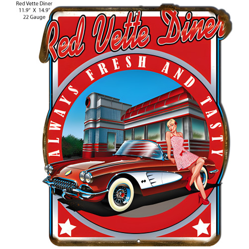Corvette Red Vette Diner Metal Sign - 11.9" x 14.9"