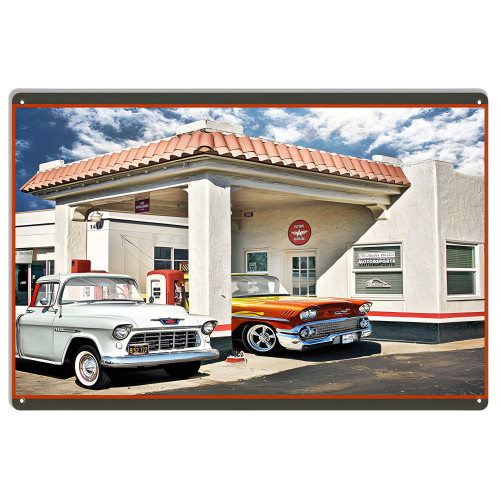 Classic Chevys At Service Station Metal Sign - 12" x 18"