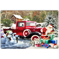 Red Classic Ford With Santa Claus Metal Sign - 12" x 18"