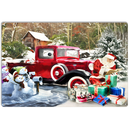 Red Classic Ford With Santa Claus Metal Sign - 12" x 18"