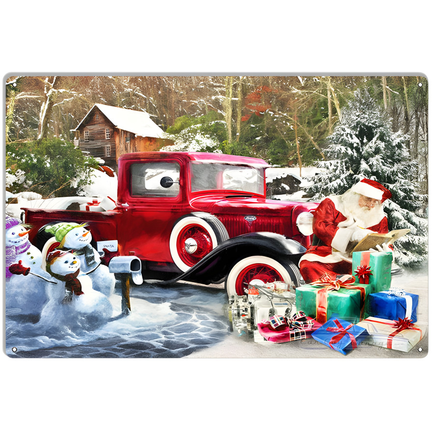 Red Classic Ford With Santa Claus Metal Sign - 12" x 18" Red Classic Ford With Santa Claus Metal Sign - 12" x 18"
