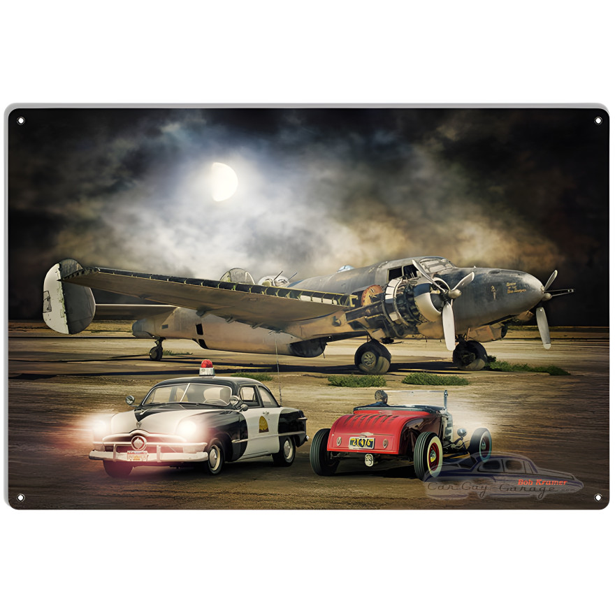 Nostalgic Airplane And Cars Metal Sign - 12" x 18"