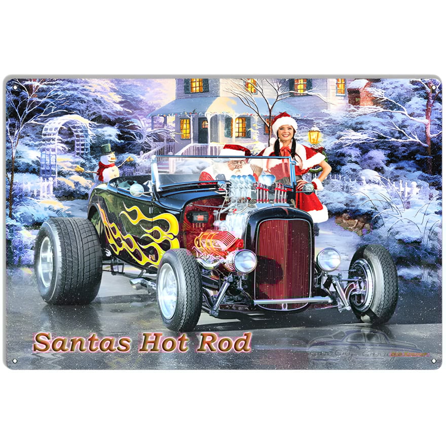 Santa's Hot Rod Metal Sign - 12" x 18" Santa's Hot Rod Metal Sign - 12" x 18"