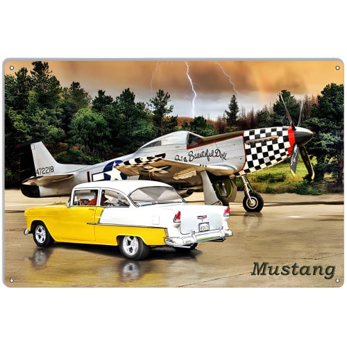 Mustang Airplane And Chevy Metal Sign - 12" x 18"