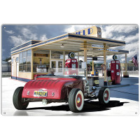 Red Roadster Stopping For Service Metal Sign - 12" x 18"
