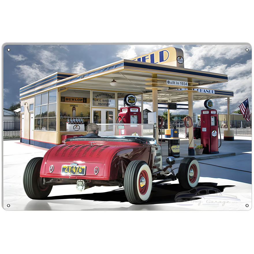 Red Roadster Stopping For Service Metal Sign - 12" x 18" Red Roadster Stopping For Service Metal Sign - 12" x 18"