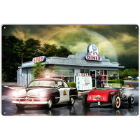 Classic Cars At Fox Diner Metal Sign - 12" x 18"