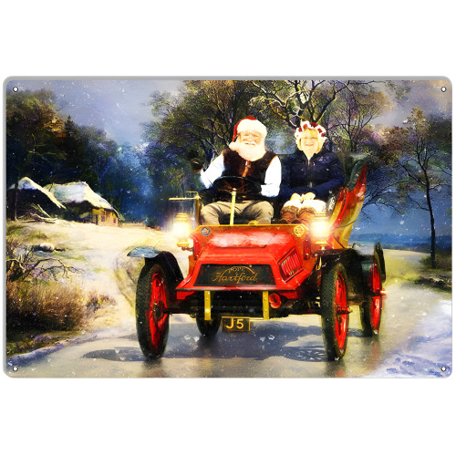 Santa And Mrs. Claus Out For A Ride In Classic Pope Hartford Metal Sign - 12" x 18"