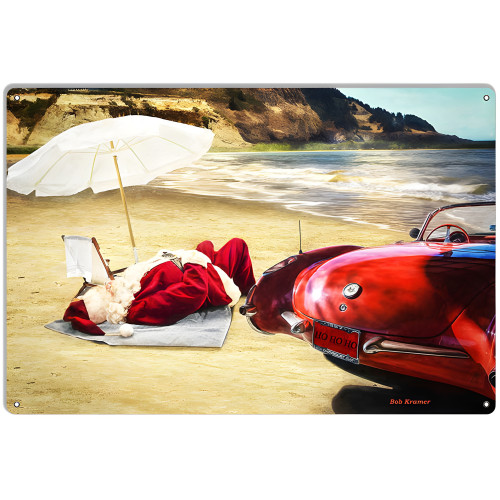 Santa Resting On The Beach Metal Sign - 12" x 18"