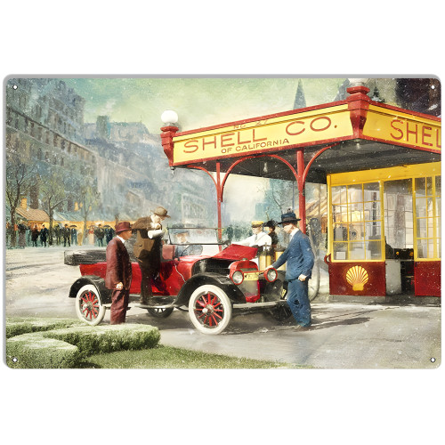 Gassing Up Model T At The Shell Station Metal Sign - 12" x 18"