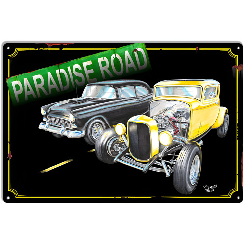 Racing Hot Rods On Paradise Road Metal Sign - 12" x 18"