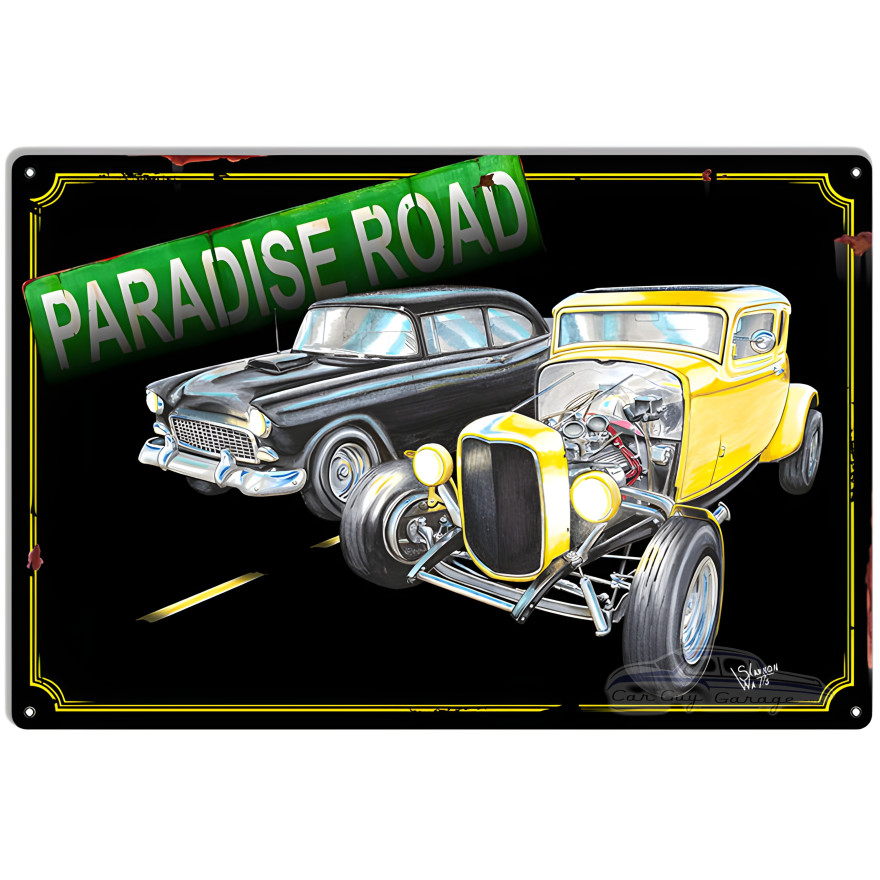 Racing Hot Rods On Paradise Road Metal Sign - 12" x 18" Racing Hot Rods On Paradise Road Metal Sign - 12" x 18"