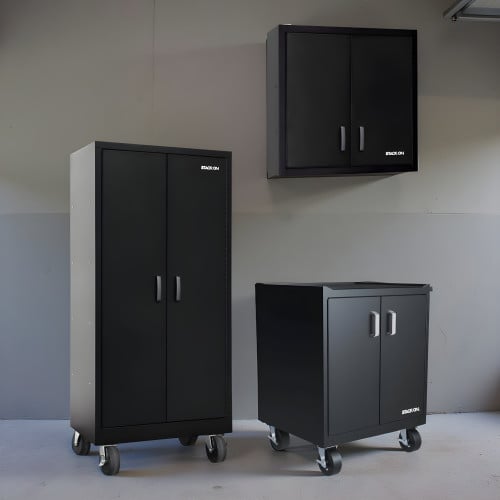 Three Piece Black 18 Gauge Steel Garage Cabinet Set