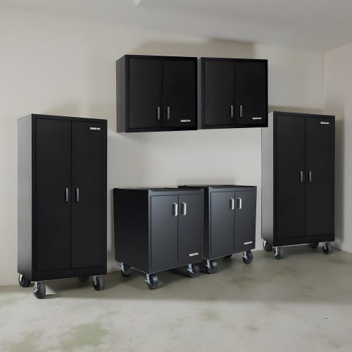 Six Piece Black 18 Gauge Steel Garage Cabinet Set with Drawers