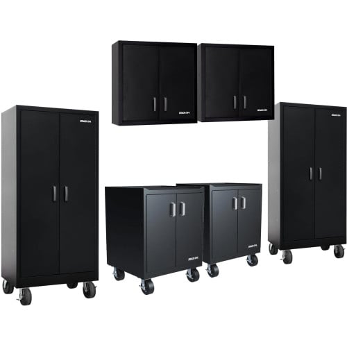 Six Piece Black 18 Gauge Steel Garage Cabinet Set with Drawers