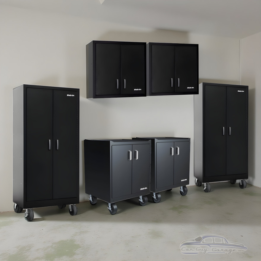 Six Piece Black 18 Gauge Steel Garage Cabinet Set with Drawers