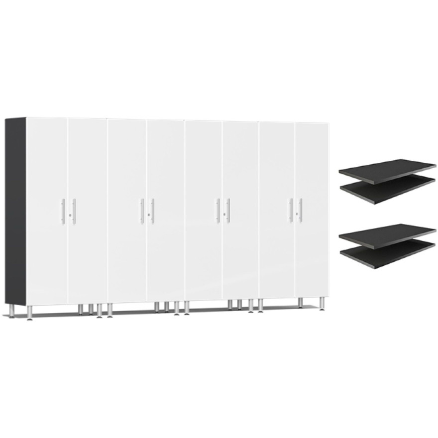 White Modular 4 Piece Garage Closets with 4 additional Shelves White Modular 4 Piece Garage Closets with 4 additional Shelves
