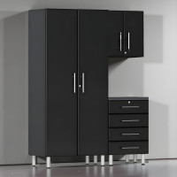 Black Modular 3-Piece Garage Set: Tall Closet, Wall, 4-Drawer Base