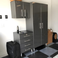 Grey Modular 3-Piece Garage Set: Tall Closet, Wall, 4-Drawer Base