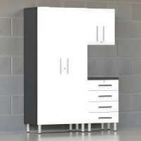 White Modular 3-Piece Garage Cabinet Set: Tall Closet, Wall, 4-Drawer