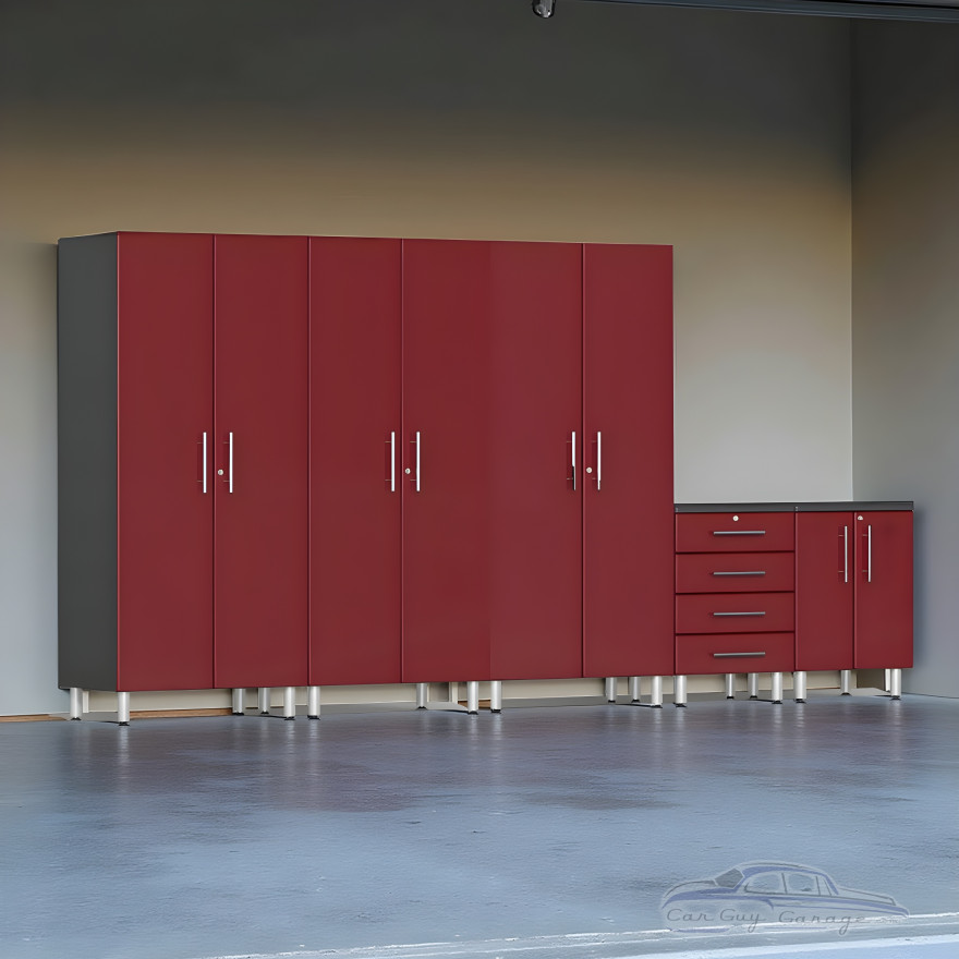 Red Modular 5-Piece Tall Garage Cabinet Set with Drawers & Locks