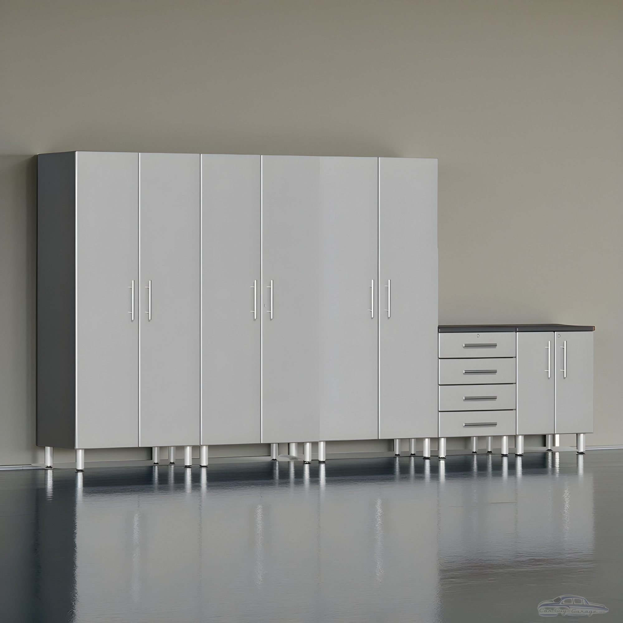 Silver Modular 5-Piece Garage Cabinet Set 3 Tall Closets & Drawer Base