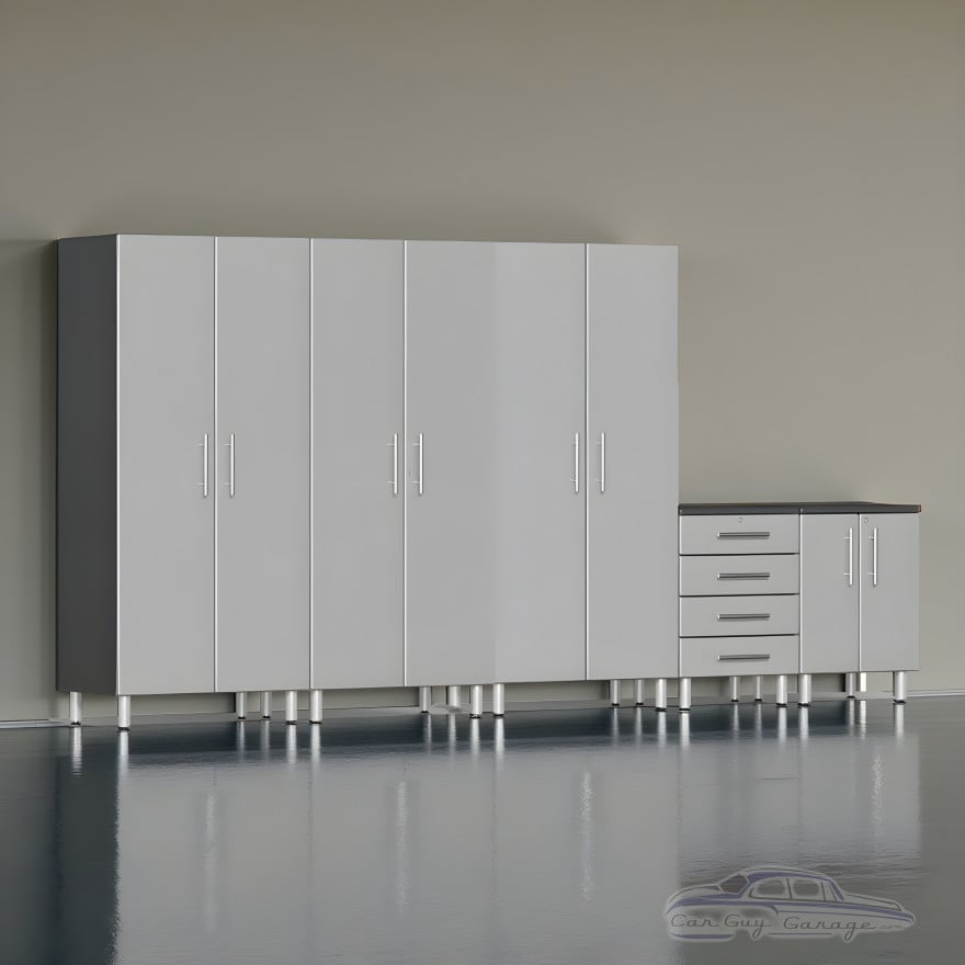 Silver Modular 5-Piece Garage Cabinet Set 3 Tall Closets & Drawer Base