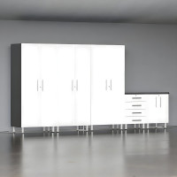 White Modular 5-Piece Garage Cabinet Set 3 Tall Cabinets + Drawer Base
