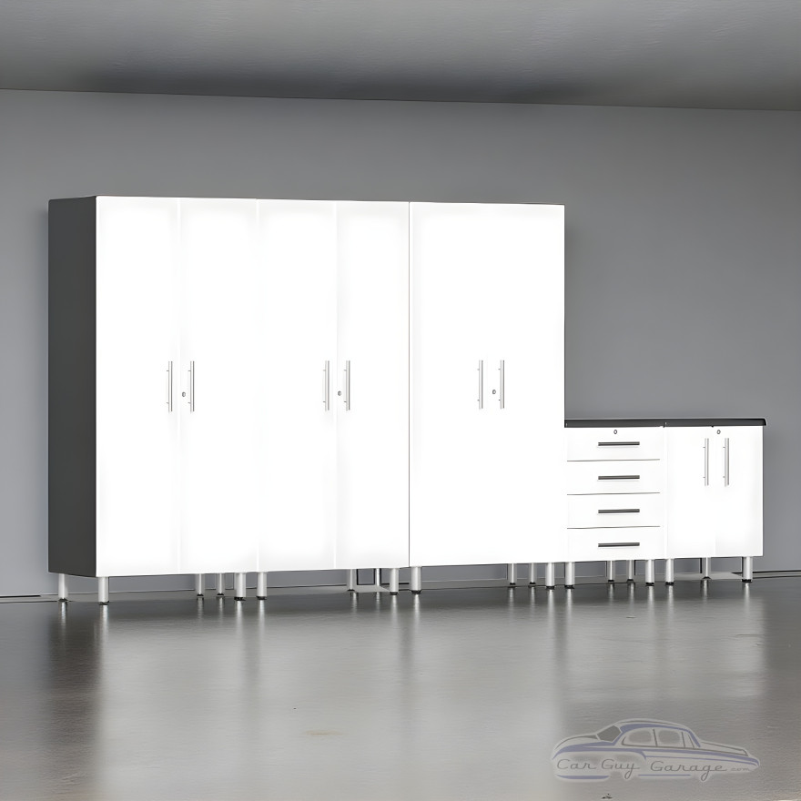 White Modular 5-Piece Garage Cabinet Set 3 Tall Cabinets + Drawer Base