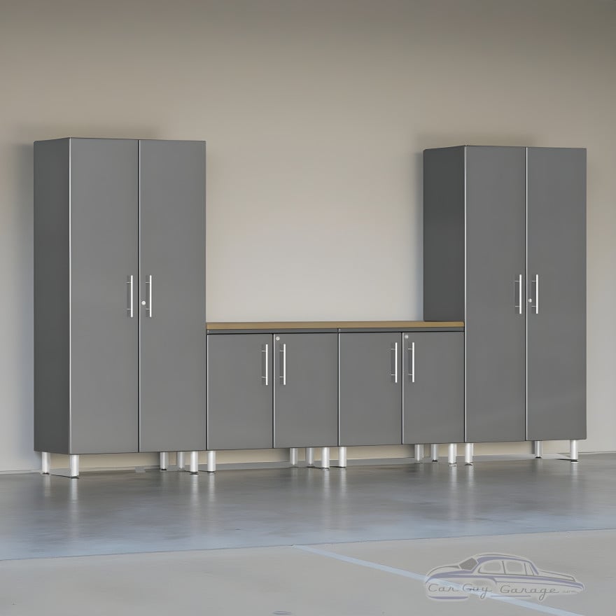 Grey Modular 5-Piece Garage Cabinet Set with Bamboo Worktop (142 in.)