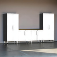 White Modular 5-Piece Garage Cabinet Set with Butcher Block Workbench