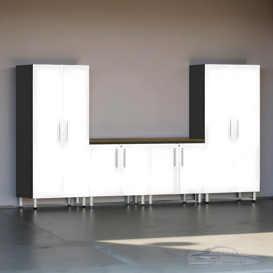 White Modular 5-Piece Garage Cabinet Set with Butcher Block Workbench